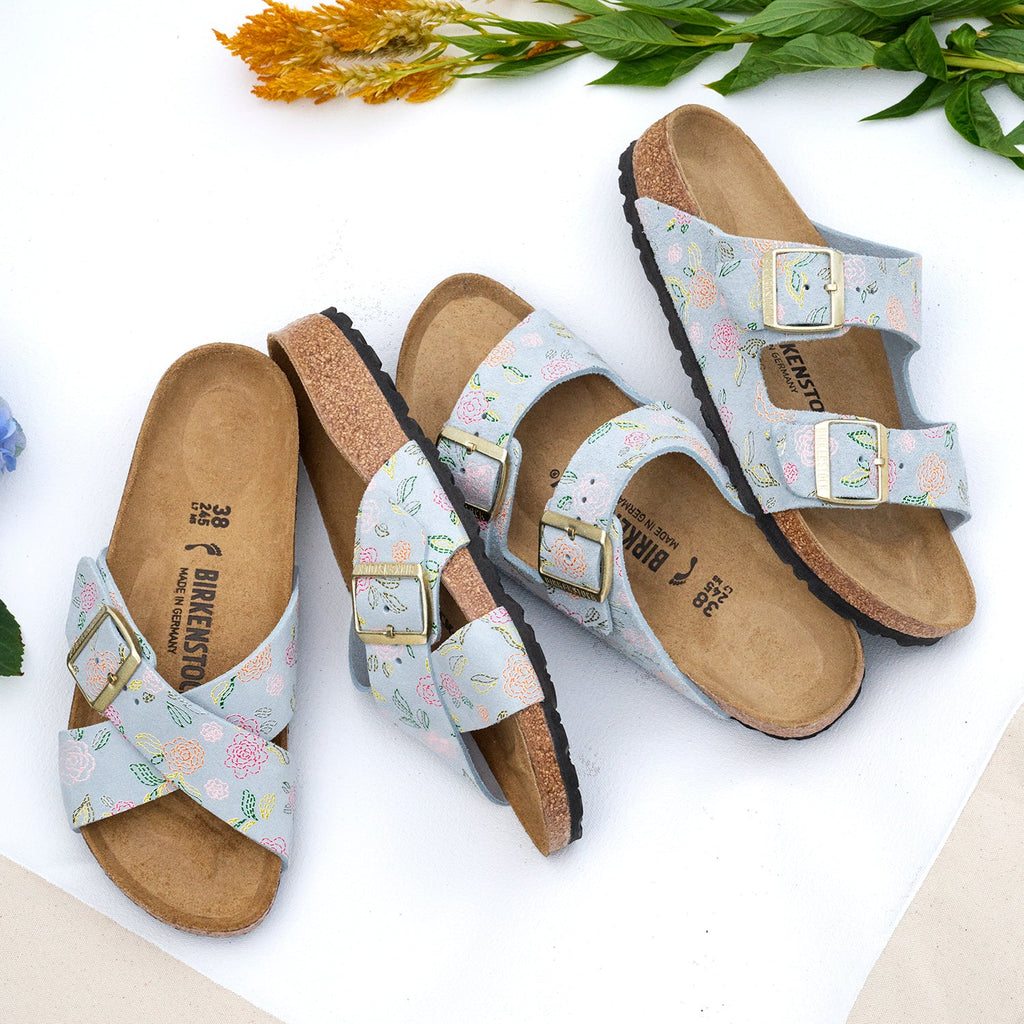 Birkenstock Arizona Flowers Women's Sandals Baby Blue Suede
