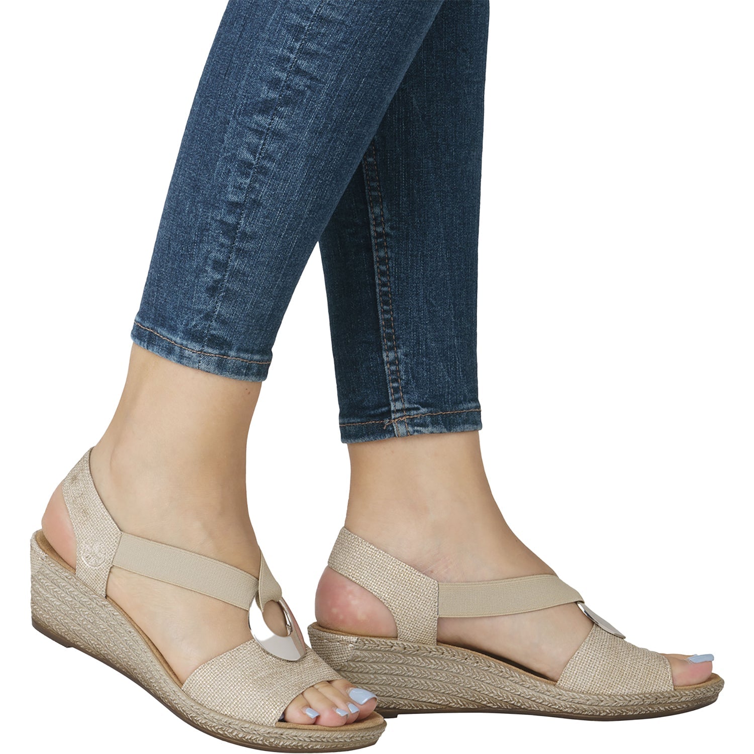 Rieker 624H6-93 Fanni H6 Women's Wedge Sandals Muschel Stripe Metallic Synthetic