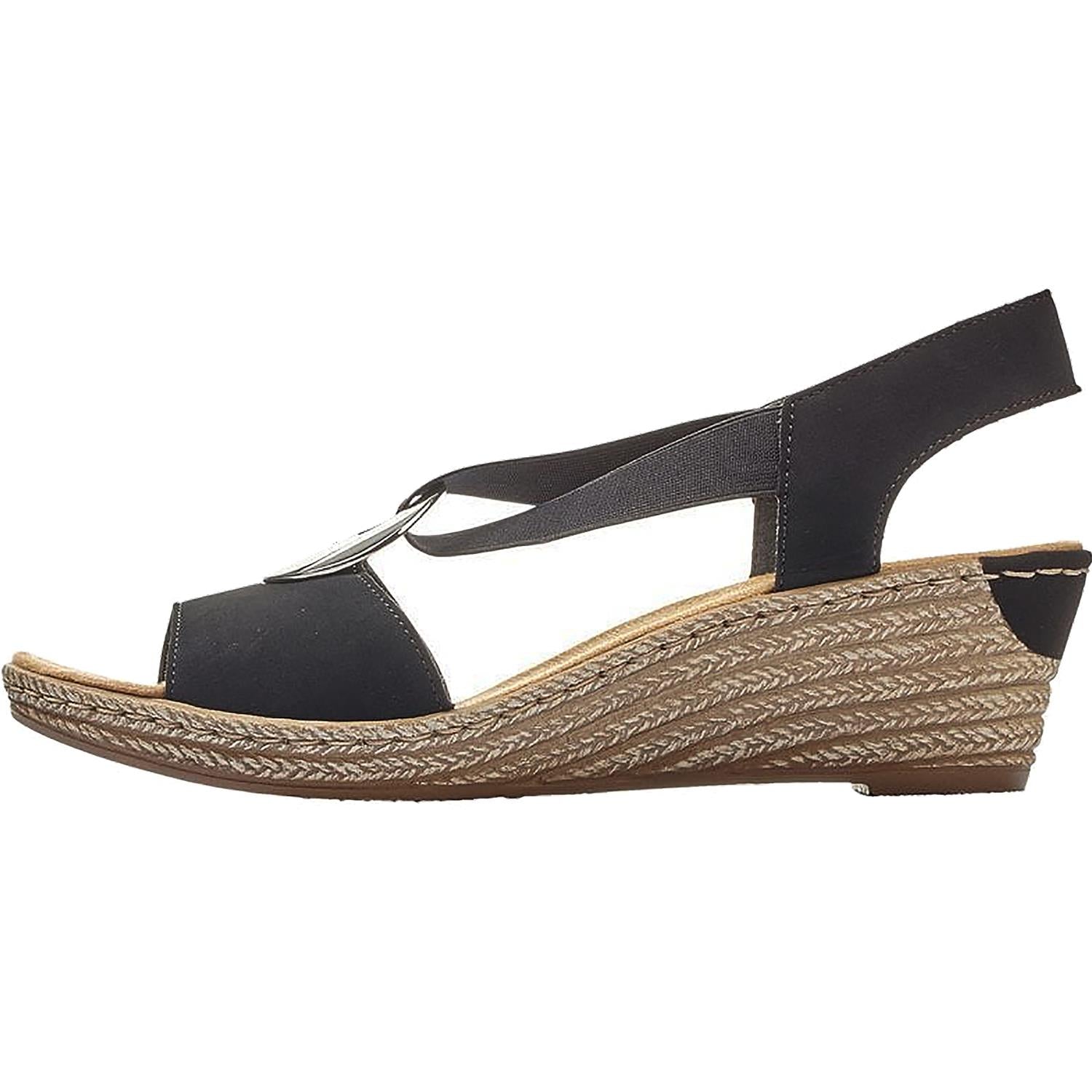 Rieker 624H6-00 Fanni H6 Women's Wedge Sandals Black Marokko Synthetic