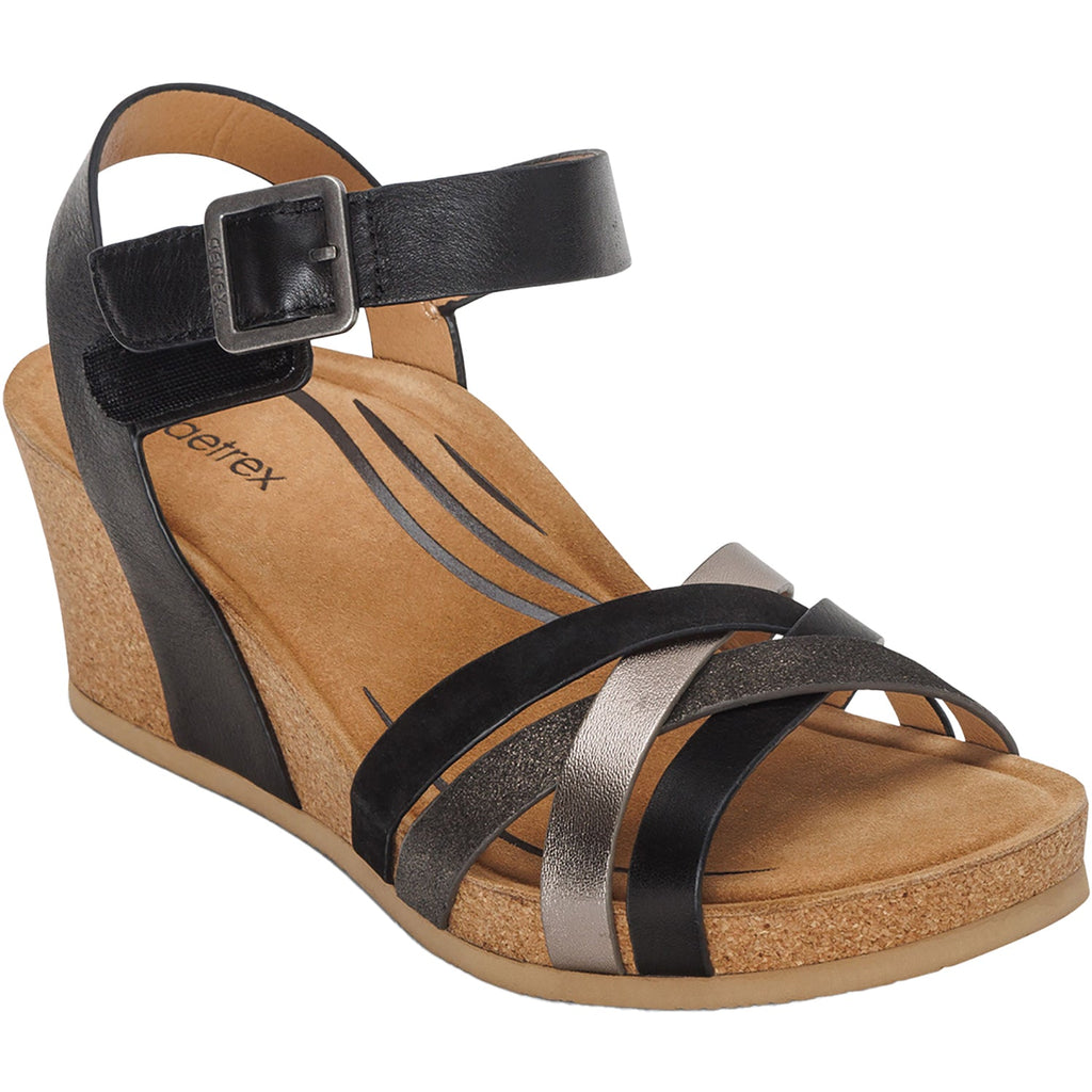 Aetrex Noelle Women's Wedge Sandals Black Multi Leather