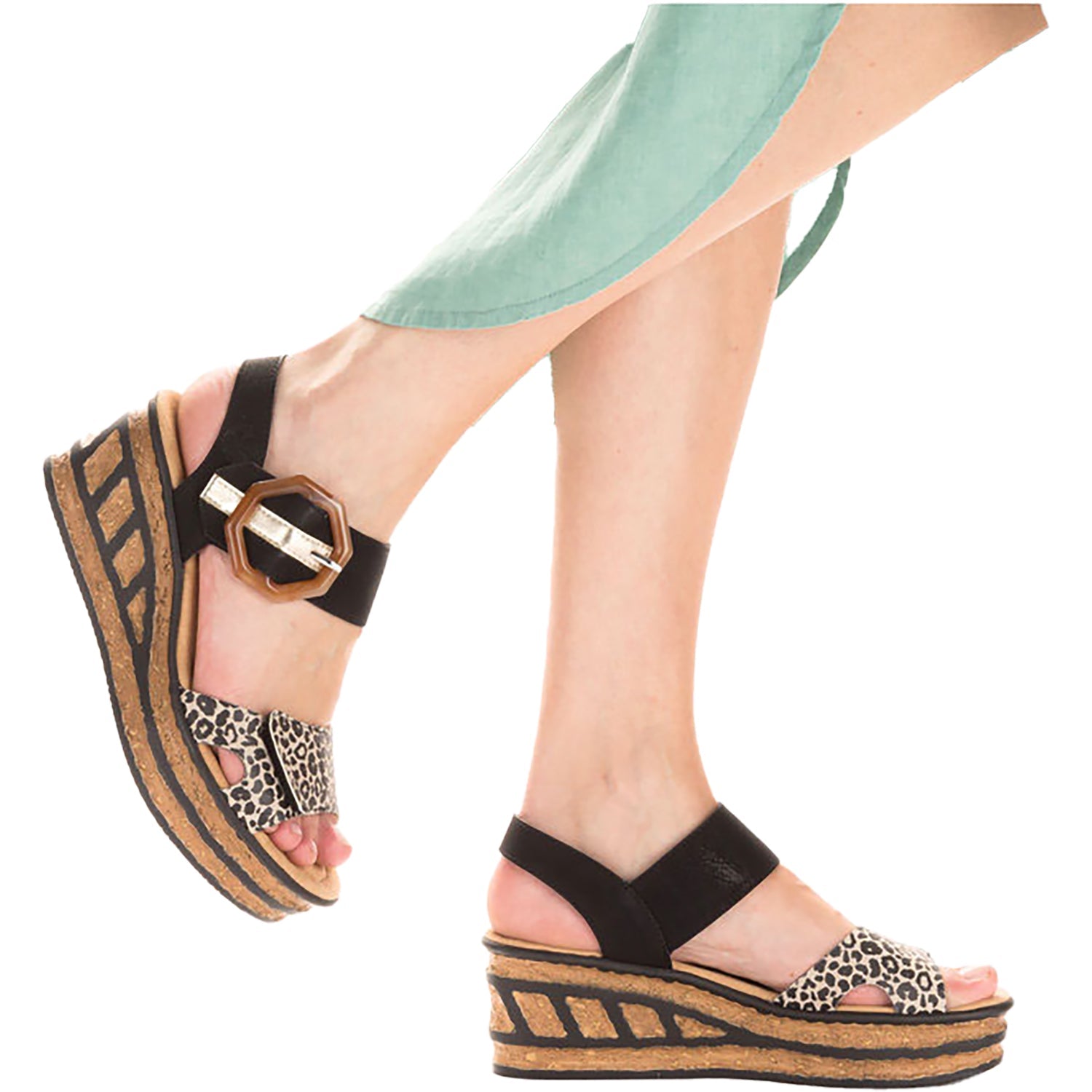 Rieker 68176-00 Women's Wedge Sandals Ginger/Schwarz/Lightgold Synthetic