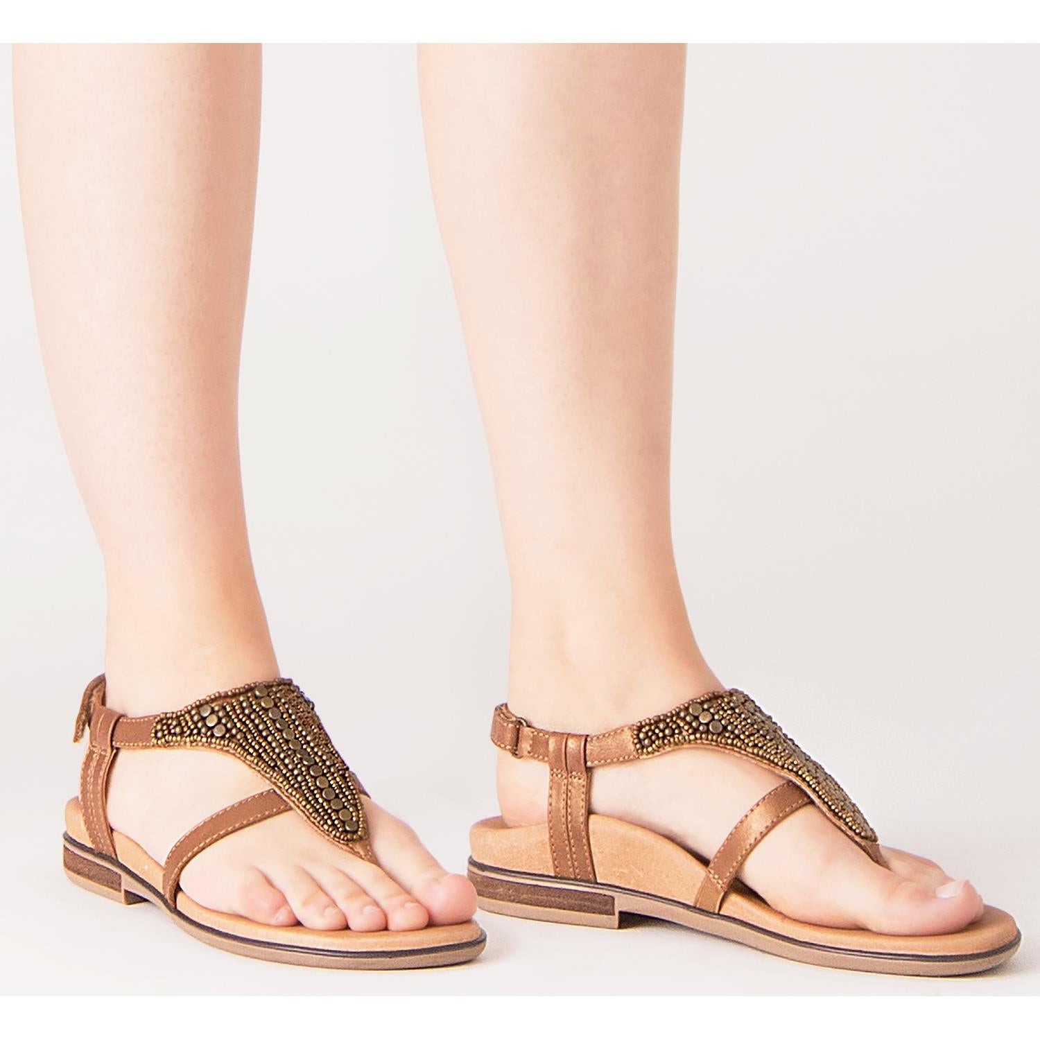 Aetrex Sheila Women's T-Strap Sandals Black/Beige Leather