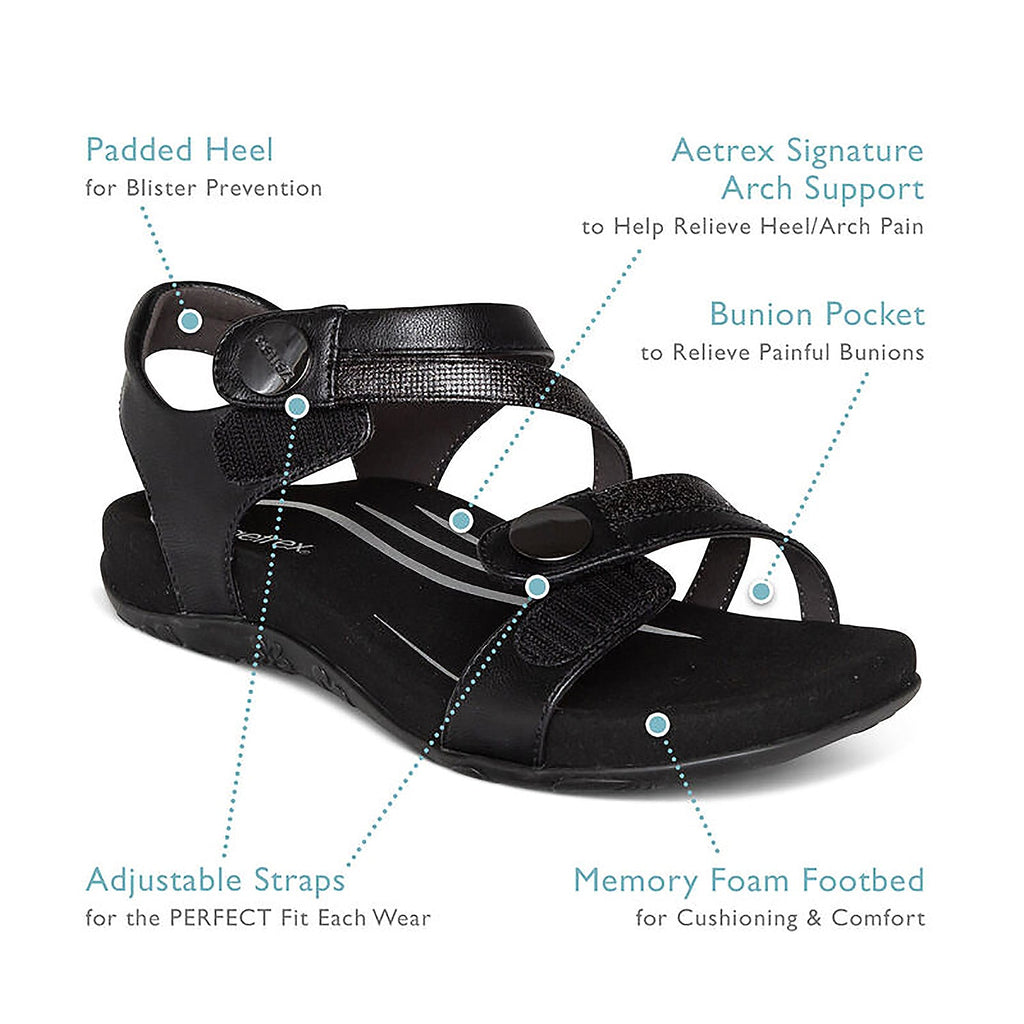 Aetrex Jess Women's Quarter Strap Sandals Black Synthetic
