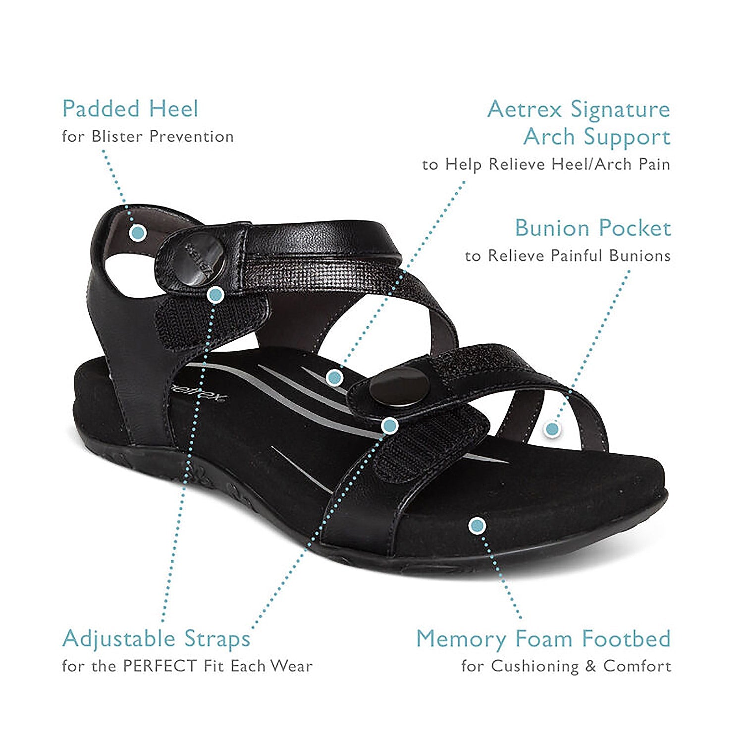 Aetrex Jess Women's Quarter Strap Sandals Black Synthetic
