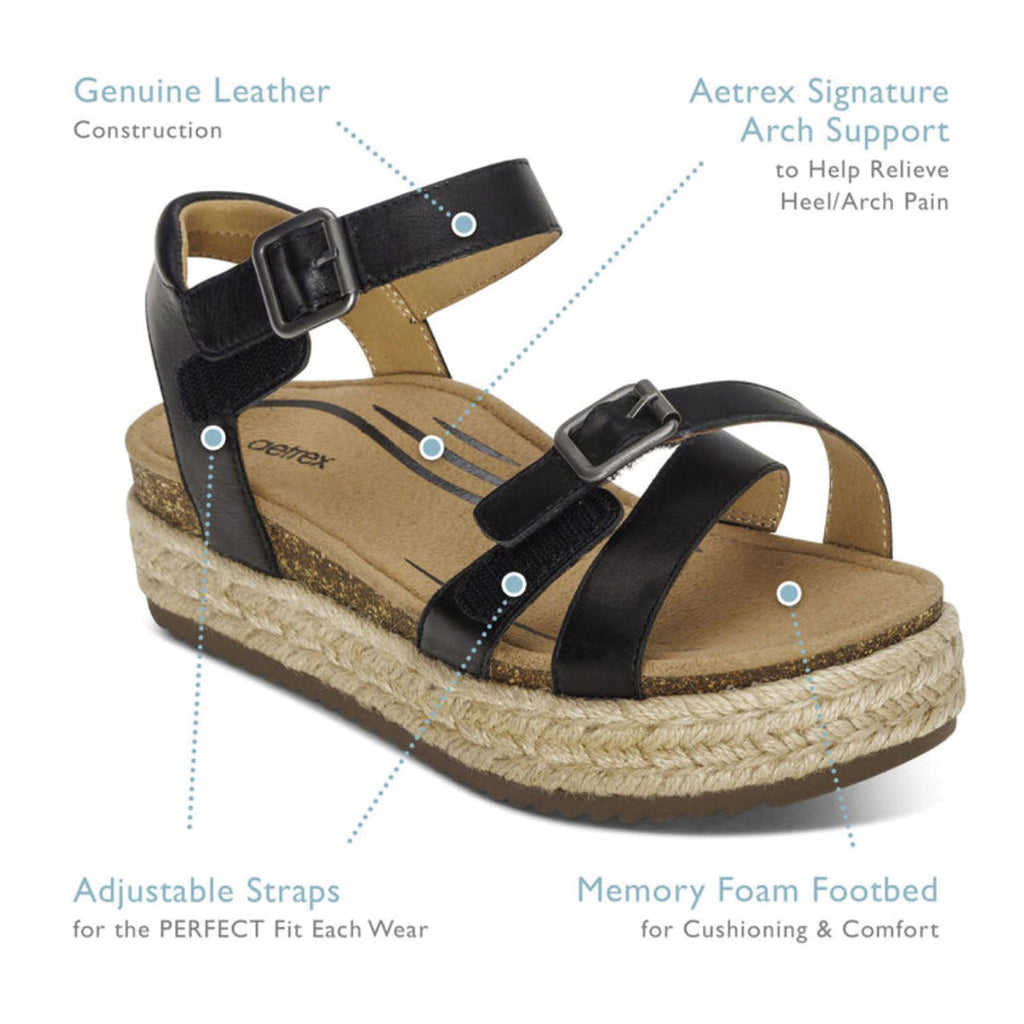 Aetrex Paula Women's Espadrille Sandals Black Leather