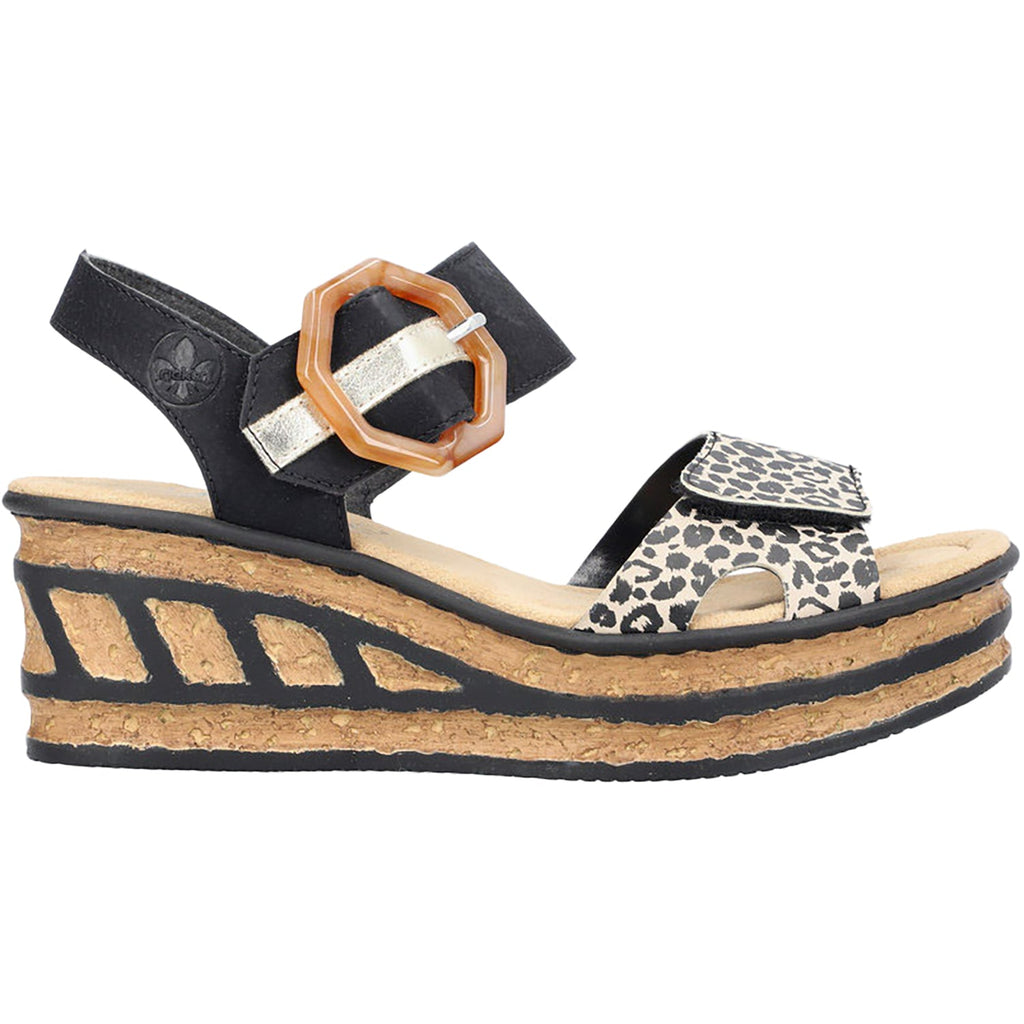 Rieker 68176-00 Women's Wedge Sandals Ginger/Schwarz/Lightgold Synthetic