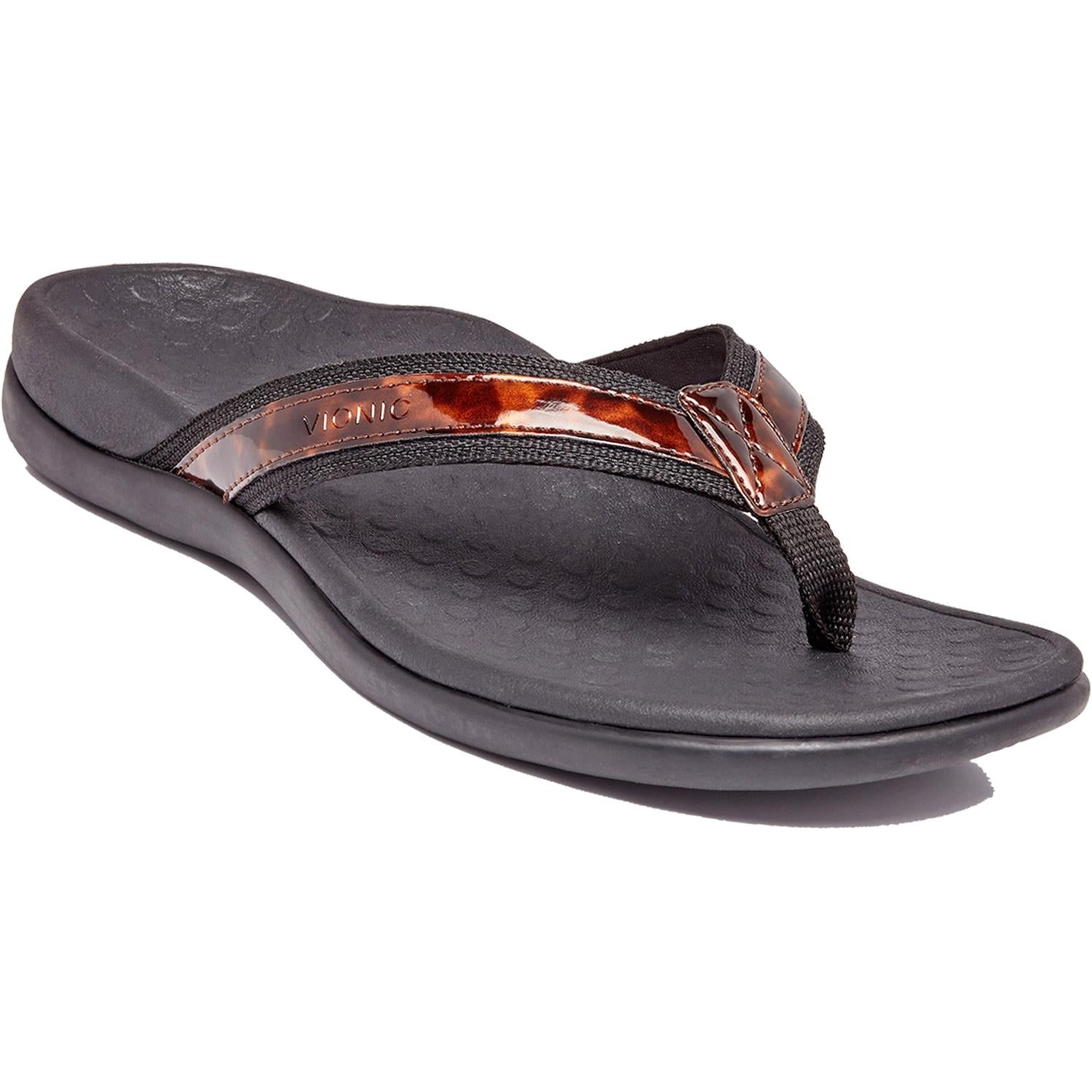 Vionic Tide II Women's Toe Post Sandals Tortoise Black Leather