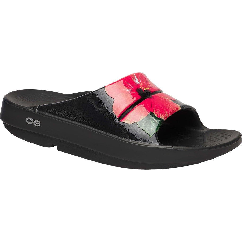 OOFOS OOahah Luxe Limited Women's Recovery Slide Sandals Hibiscus Synthetic