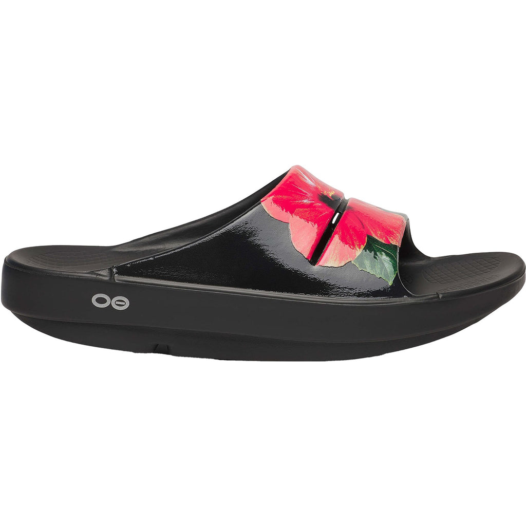 OOFOS OOahah Luxe Limited Women's Recovery Slide Sandals Hibiscus Synthetic