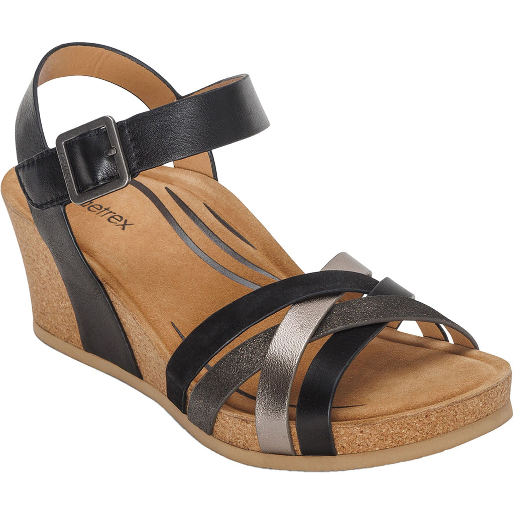 Aetrex Noelle Women's Wedge Sandals Black Multi Leather