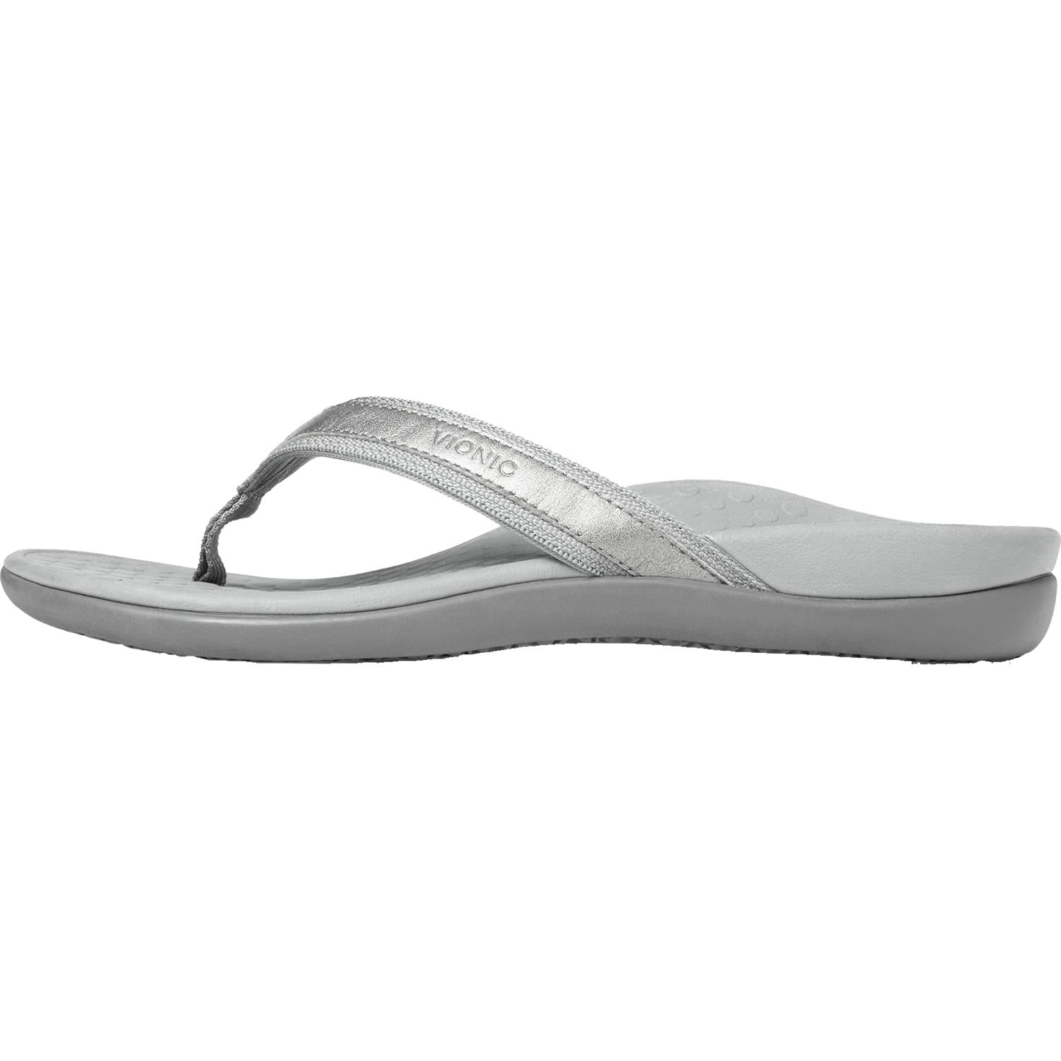 Vionic Tide II Women's Toe Post Sandals Pewter Metallic Leather