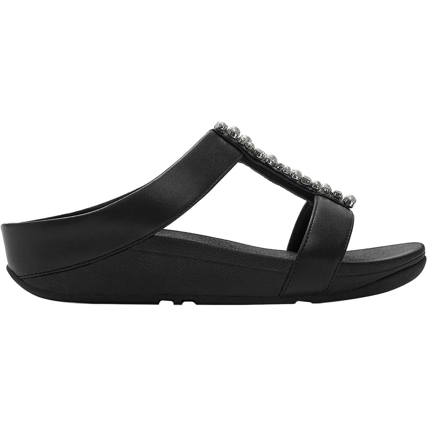 FitFlop Fino Pearls-and-Crystal H-Bar Slide Women's Slide Sandals Black