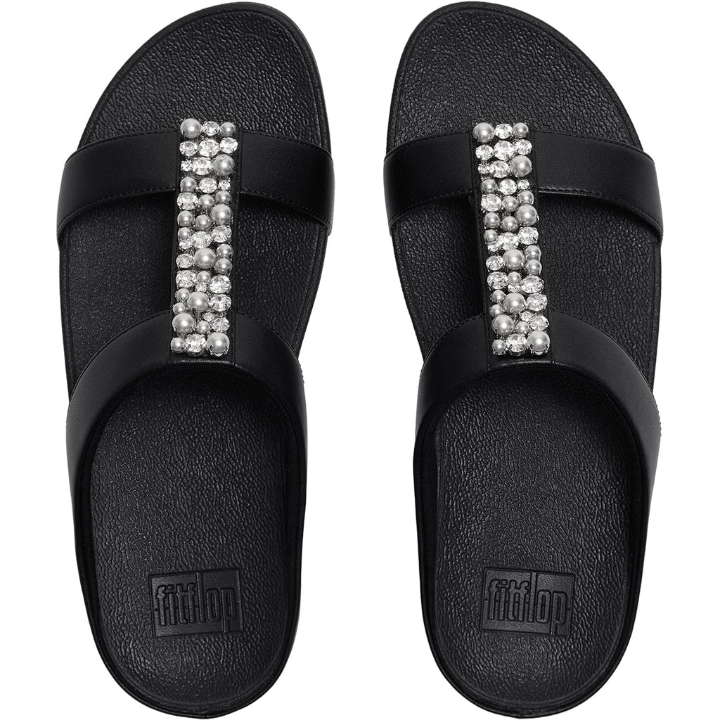 FitFlop Fino Pearls-and-Crystal H-Bar Slide Women's Slide Sandals Black