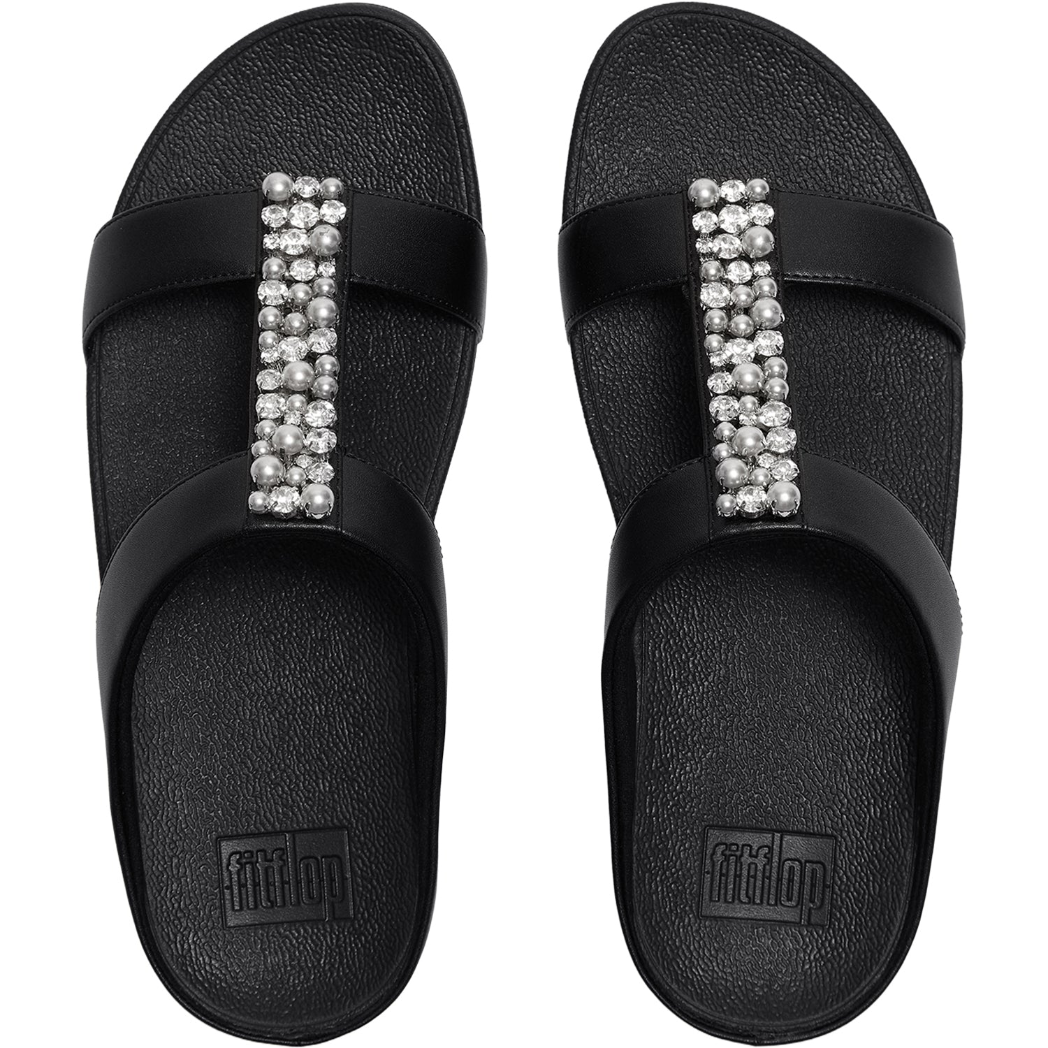 FitFlop Fino Pearls-and-Crystal H-Bar Slide Women's Slide Sandals Black