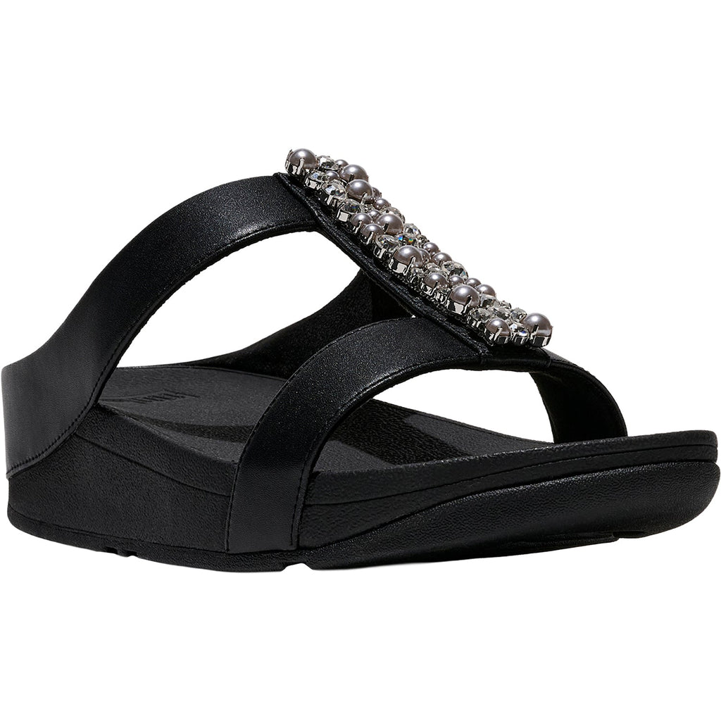 FitFlop Fino Pearls-and-Crystal H-Bar Slide Women's Slide Sandals Black