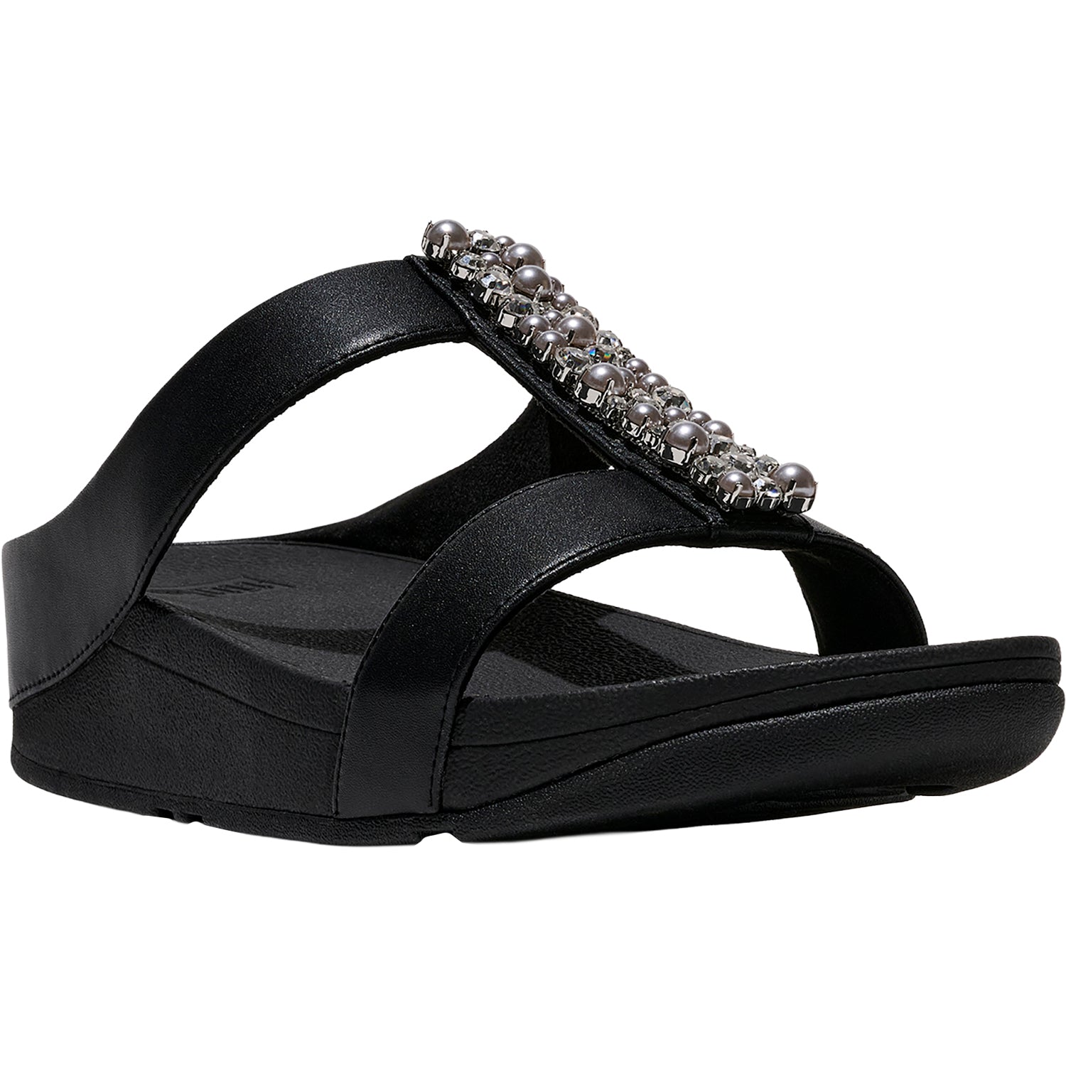 FitFlop Fino Pearls-and-Crystal H-Bar Slide Women's Slide Sandals Black