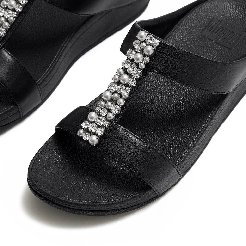 FitFlop Fino Pearls-and-Crystal H-Bar Slide Women's Slide Sandals Black