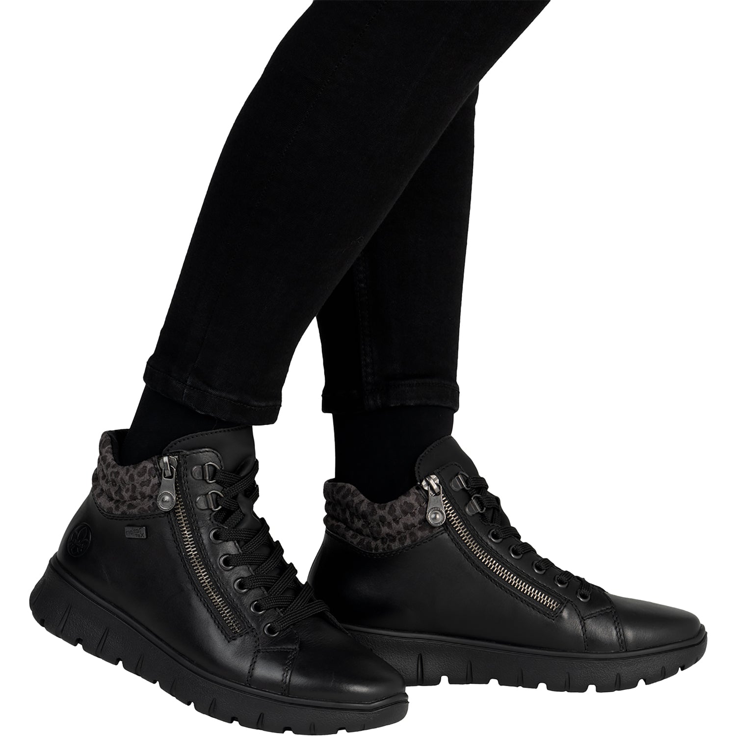 Rieker N1305-00 Women's Booties Schwarz/Leopard Grey/Schwarz