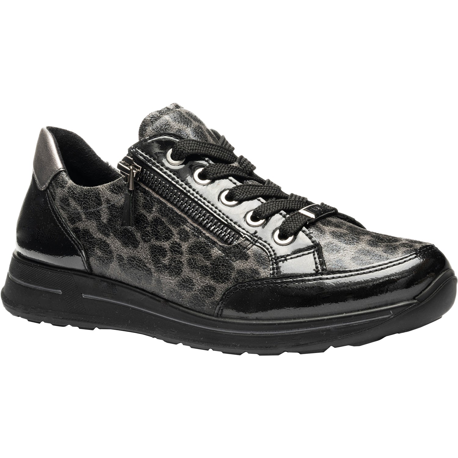 Ara Oleanna Women's Sporty Lace Up Shoes Black/Steel Leopard Shiny Leather